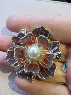 A80- Gold Floral Pearl Center Brooch - Enamel Petal Accent